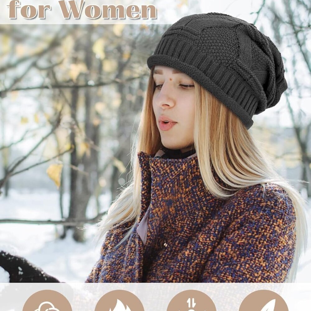 2 Pack Winter Slouchy Beanies for Women Knit Warm Fleece Lined Oversized Caps - Picture 5 of 6